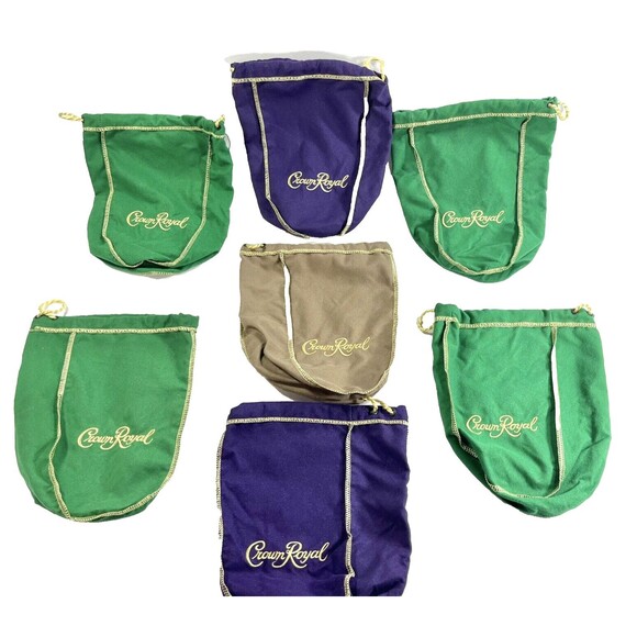 Seven .750 Crown Royal Bags Mixed Lot of 7 Purple, Green, and Tan Bags - Picture 1 of 16